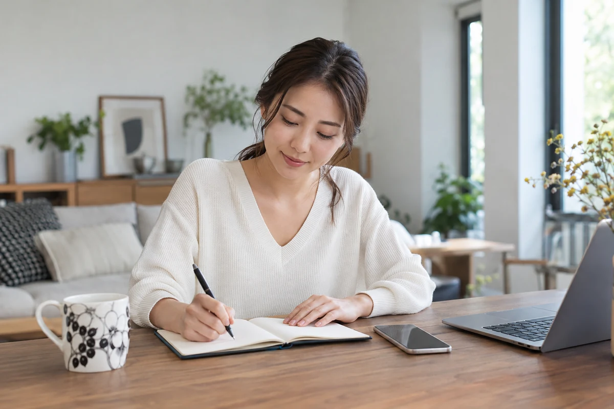 電話占いの質問と予算をノートにまとめる女性