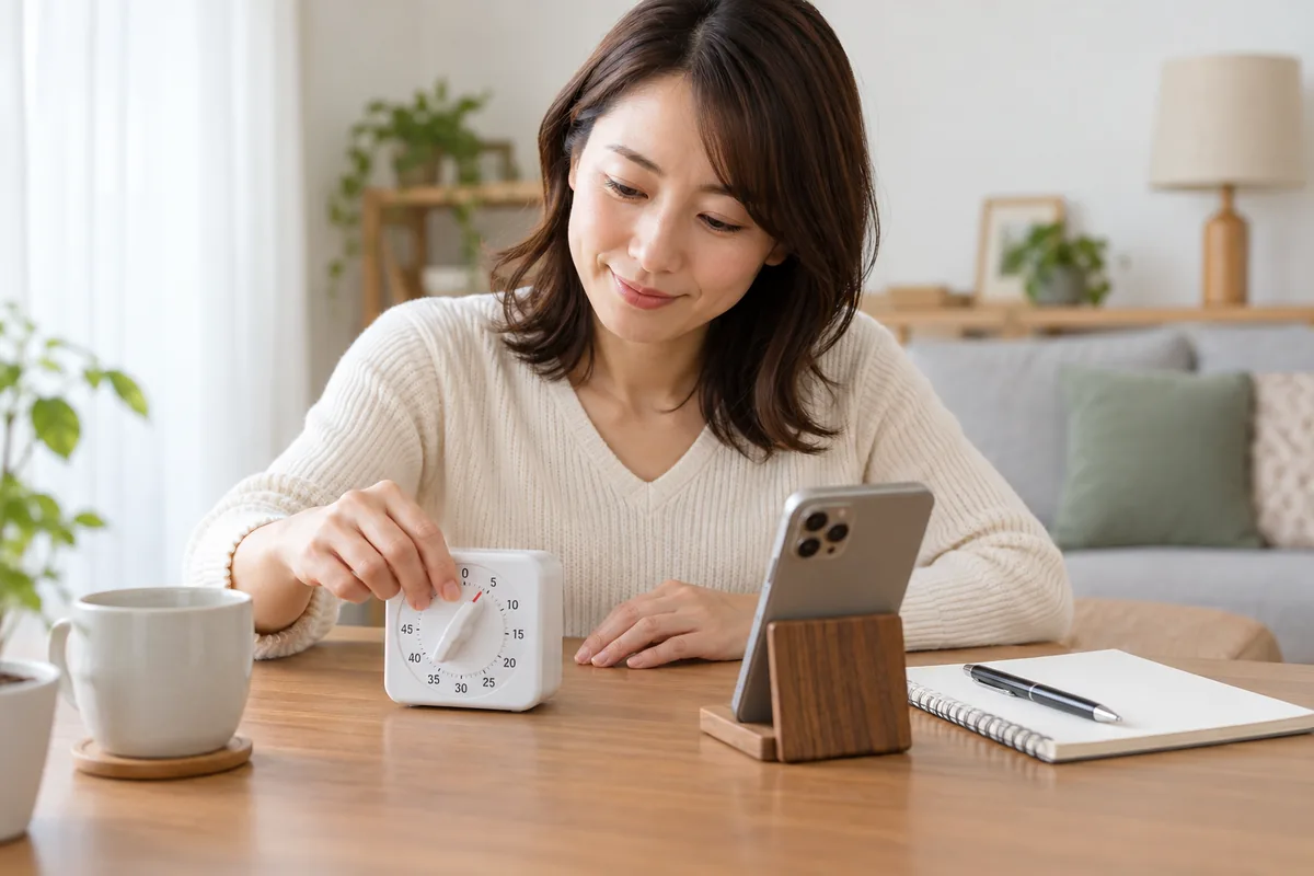 タイマーを見ながら電話相談の時間と予算を決める女性