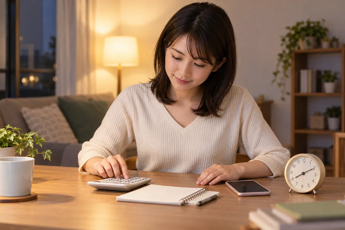 時計と電卓で電話占いの相談予算を決める女性