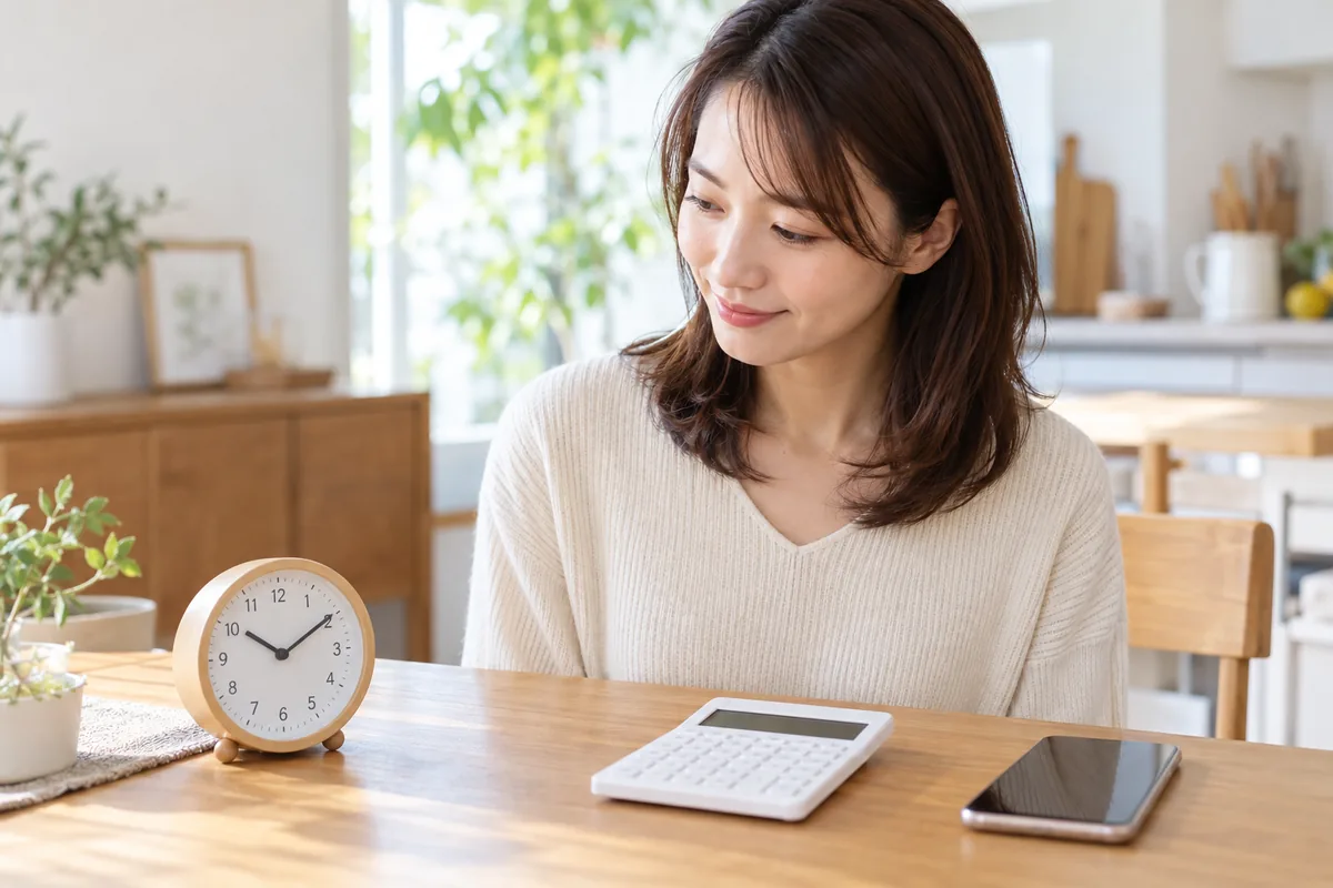 時計と電卓で電話占いの予算を確認する女性
