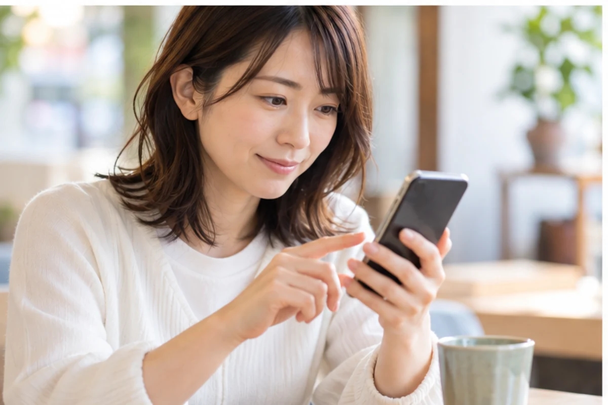 スマートフォンで占い店の予約条件を比較する女性