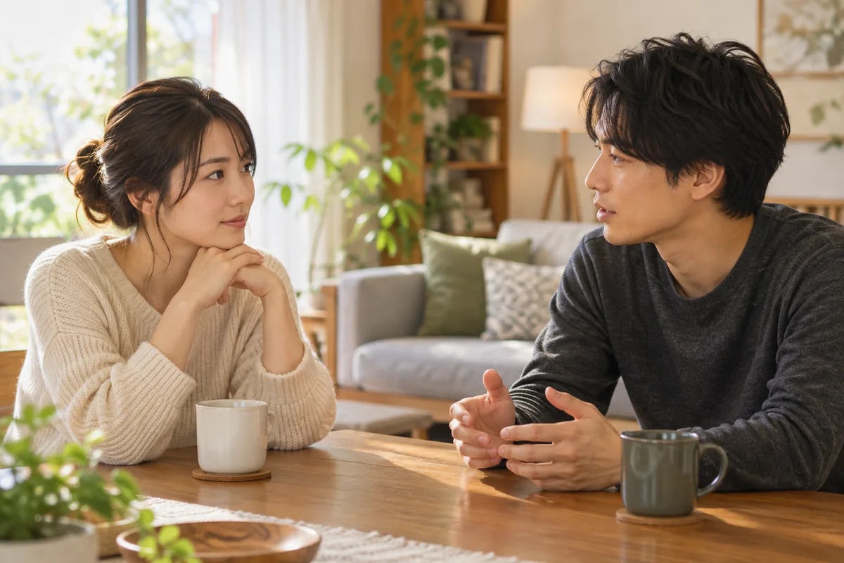 彼女と落ち着いて互いの希望を話し合う男性
