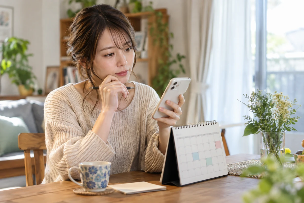 LINEの返信内容と実際の行動を照らし合わせる女性