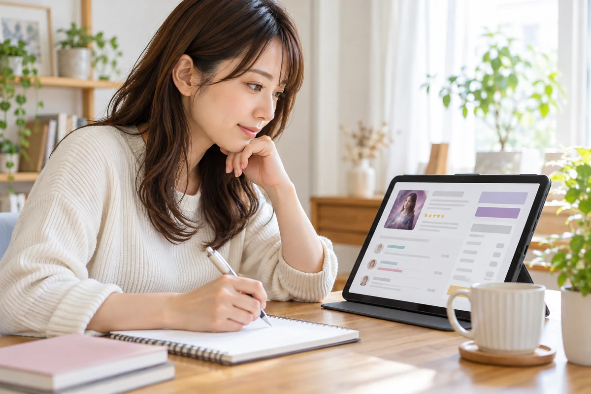 神女先生の公式プロフィールと口コミを確認する女性