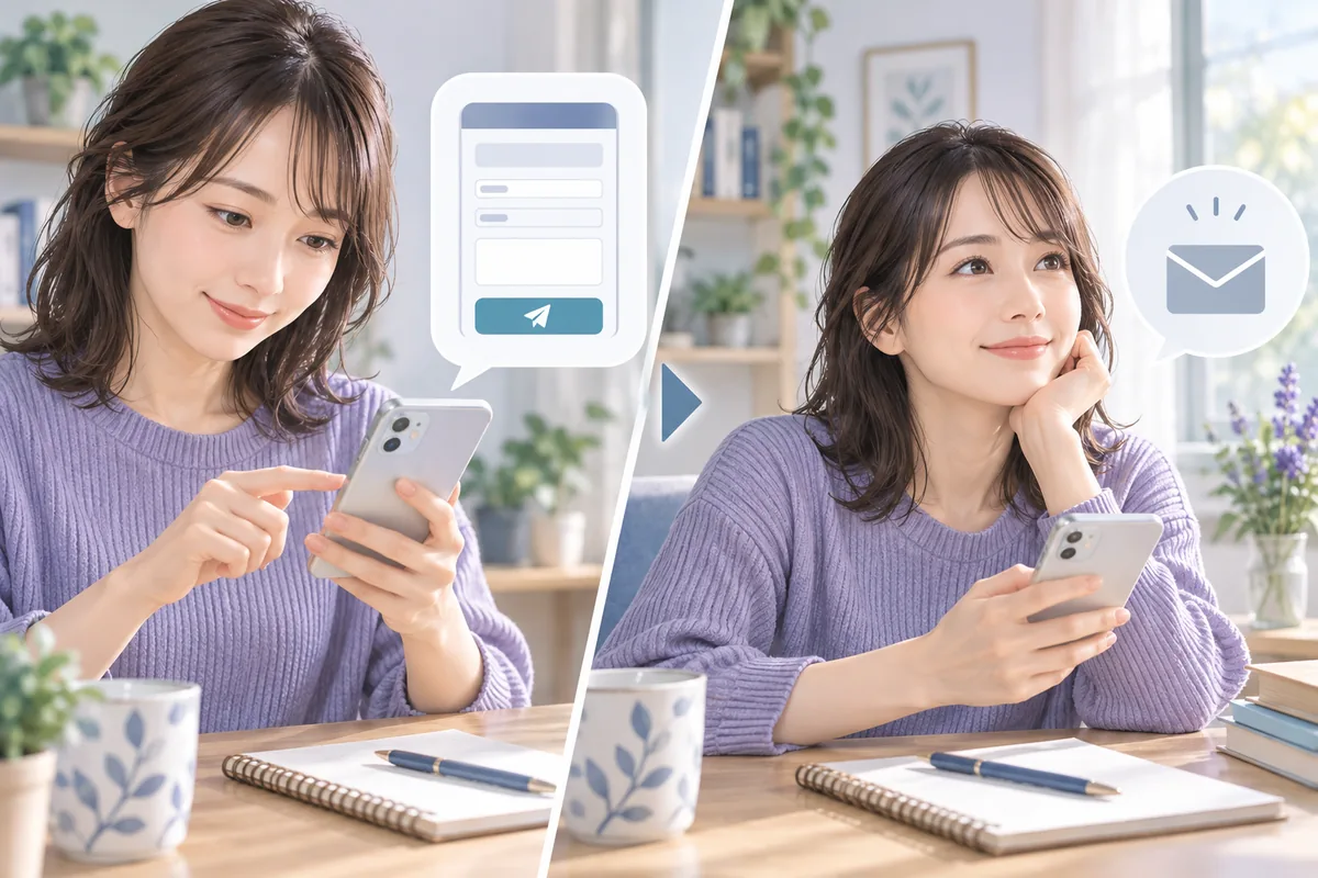 スマートフォンの問い合わせフォームから退会申請を送る女性
