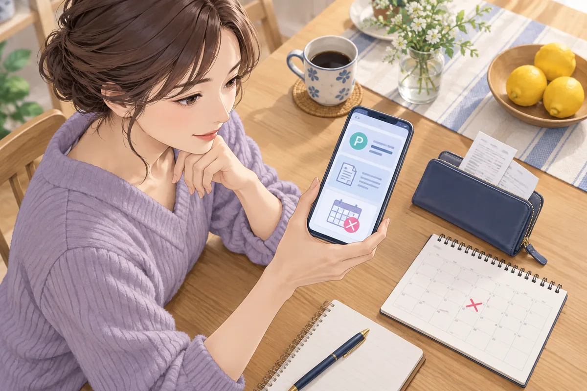 退会前にポイント・支払い・順番待ちをスマートフォンで確認する女性