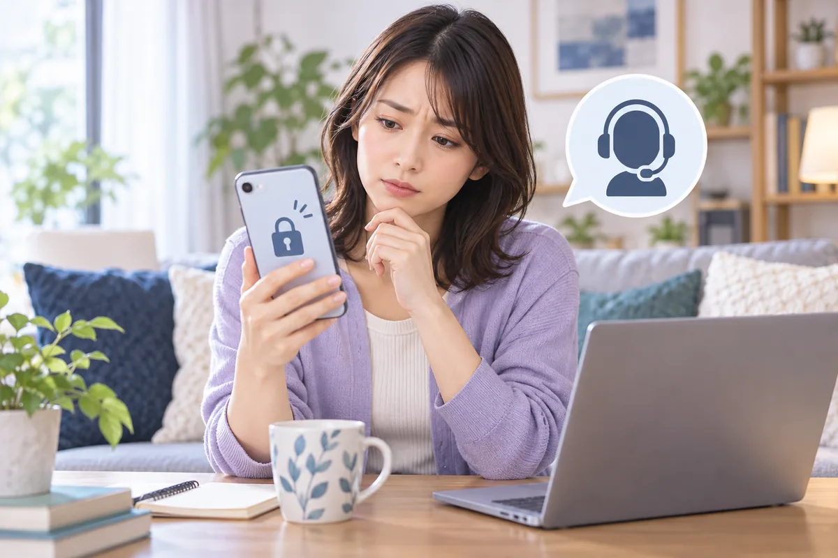 ログインできず公式サポートへの問い合わせを検討する女性