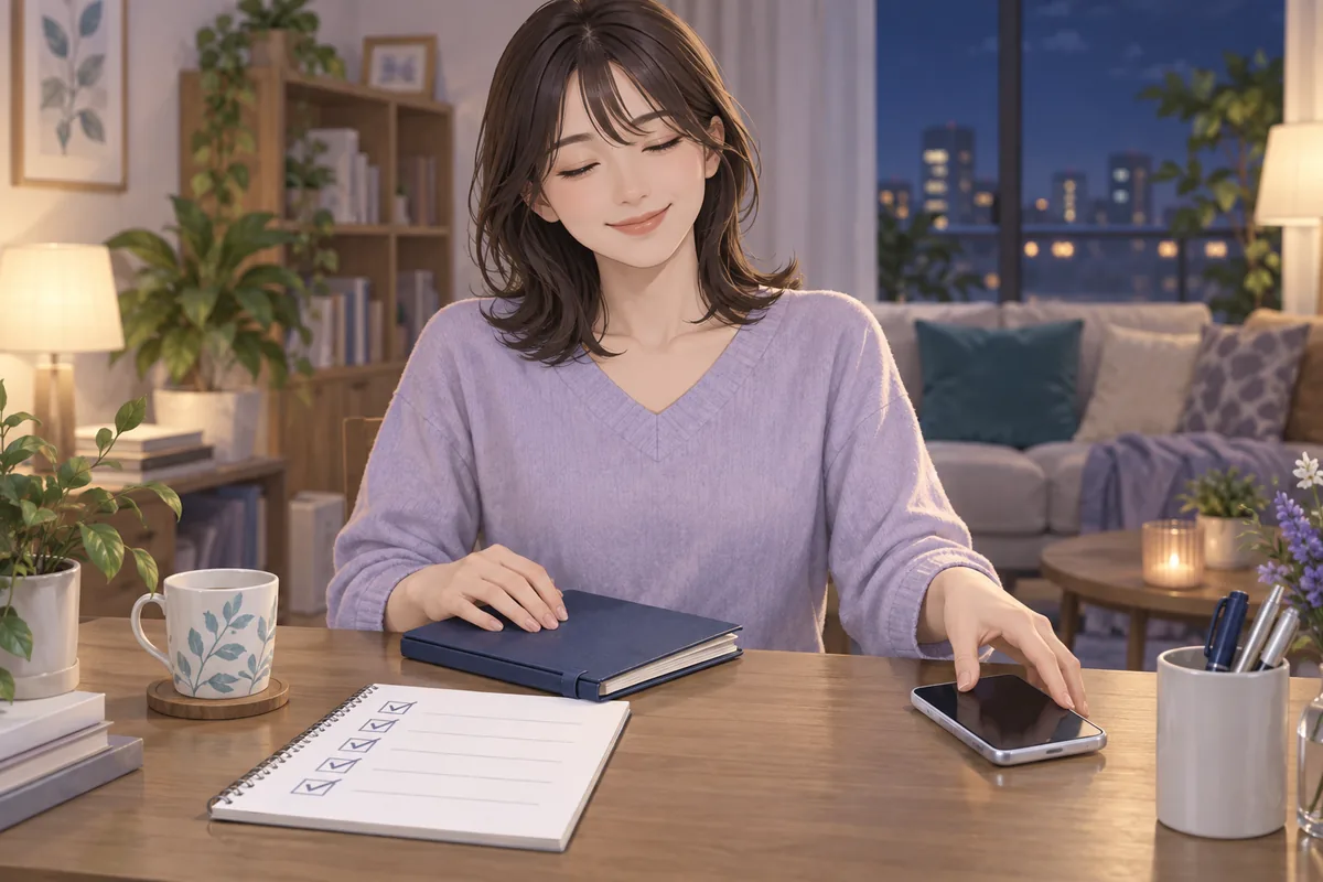 退会前の確認を終えてスマートフォンを置く女性