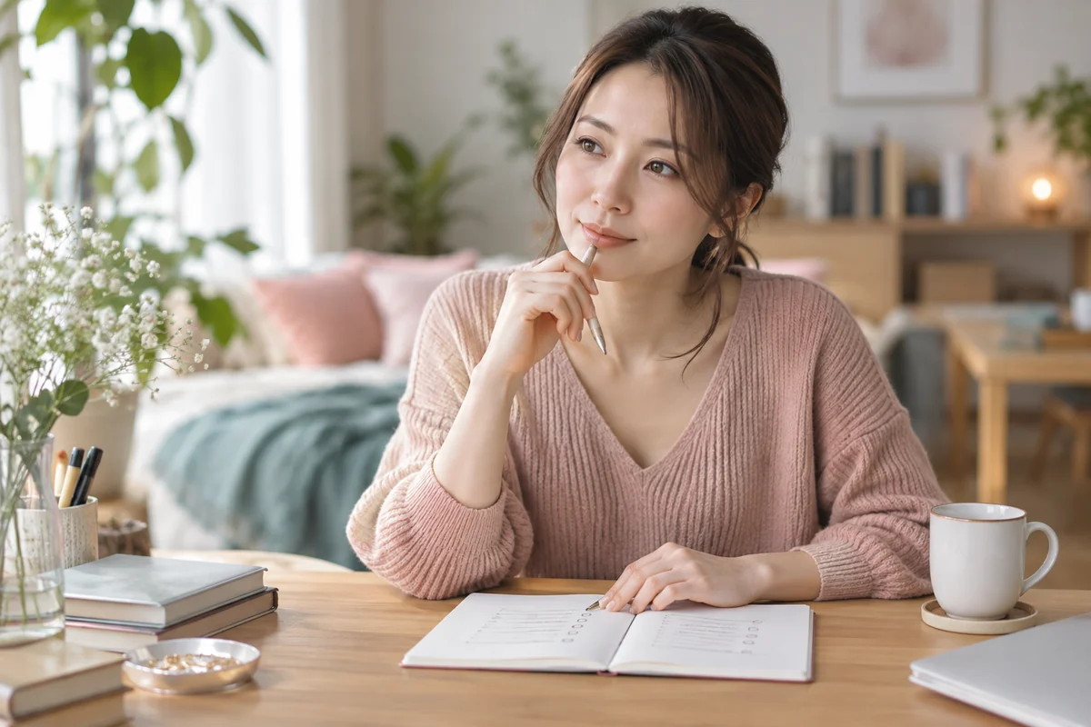 ノートに自分の本音を書き出して確認する女性