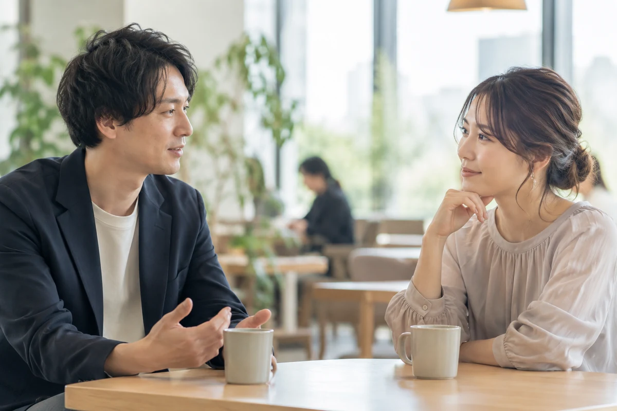 スマートフォンをしまい、落ち着いた距離で歩くカップル