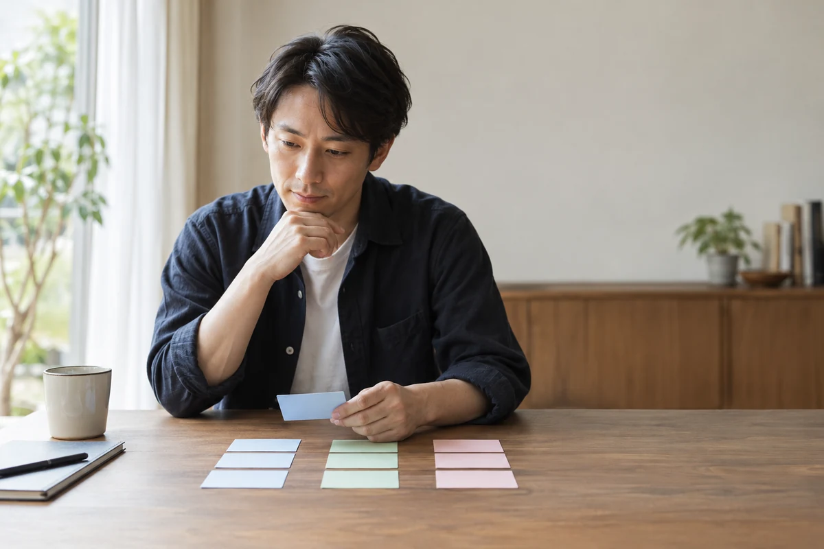 落ち着いて短いメッセージを考える男性