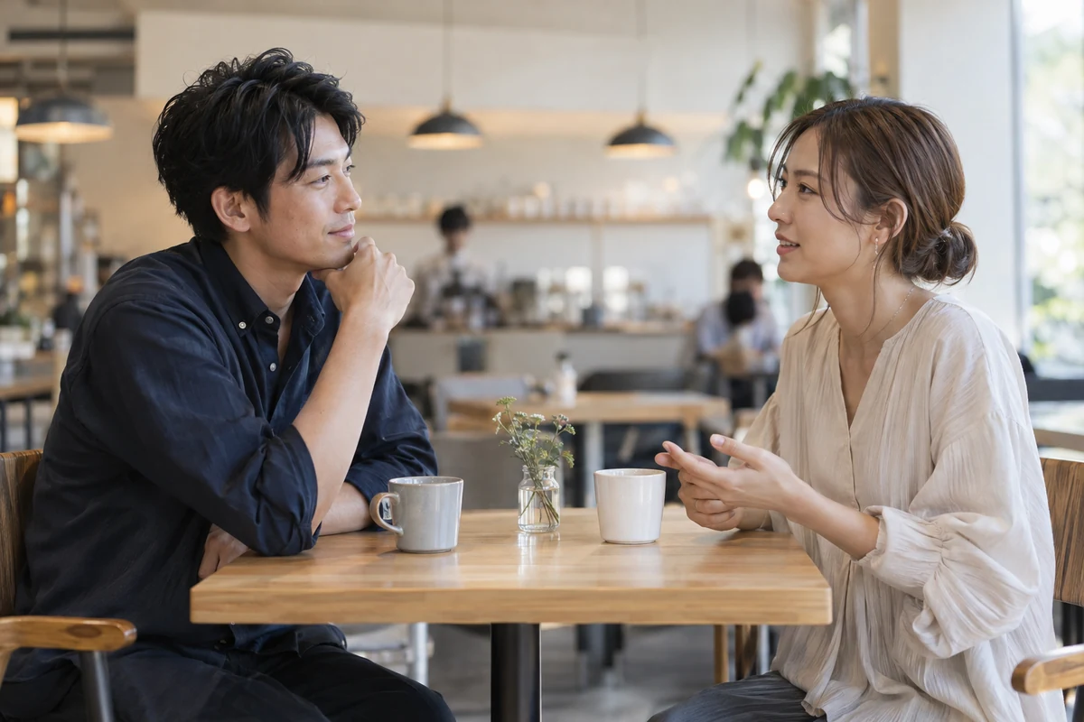 スマートフォンから離れて自分の時間を過ごす男性と、互いの距離を保つ二人