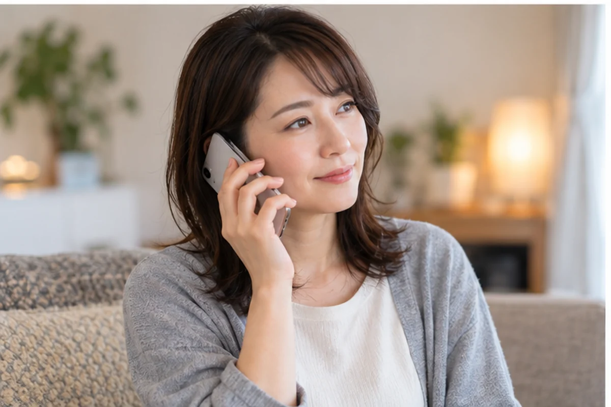 スマートフォンを自分に向けて復縁相談の時間を確認する女性