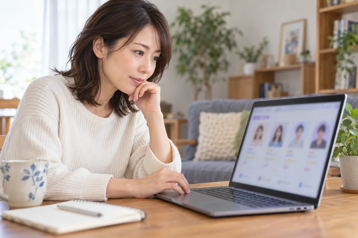 電話占いエトワールの鑑定師プロフィールを比較する女性