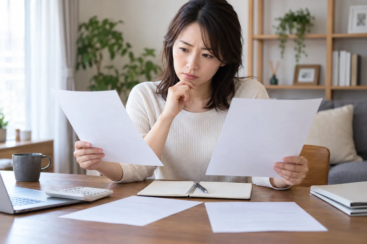 浮気調査の見積書と契約条件を比較する女性