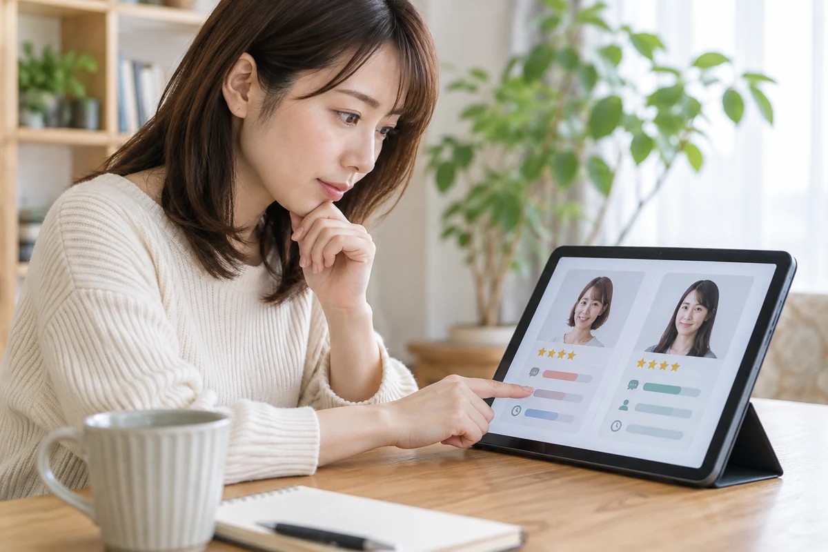 占い師の口コミ・話し方・料金を比較する女性