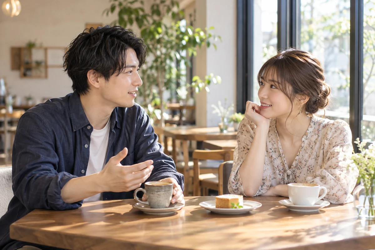 カフェで自然に会話を交わす男女