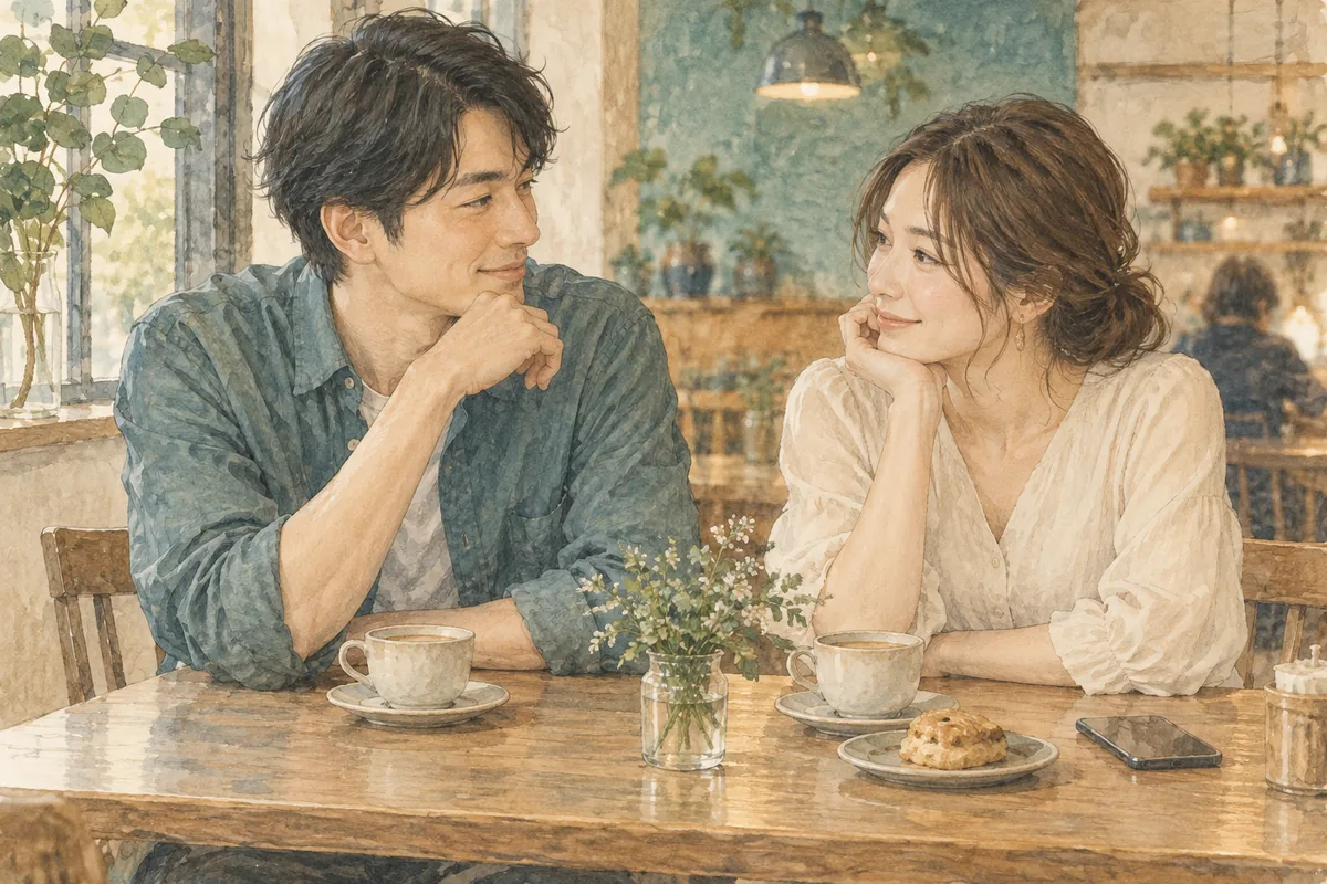 スマートフォンを置いて穏やかに向き合う恋人同士