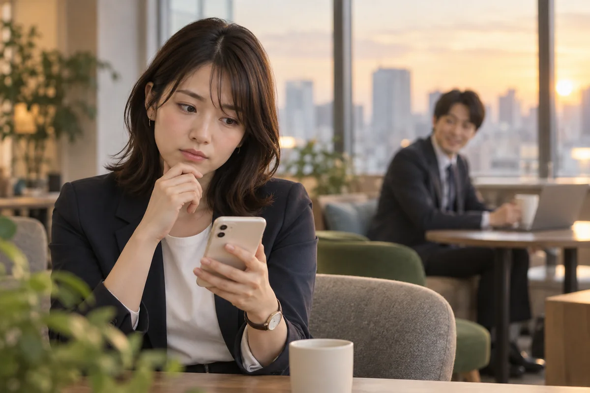 職場の同僚からの連絡の意味を考える女性