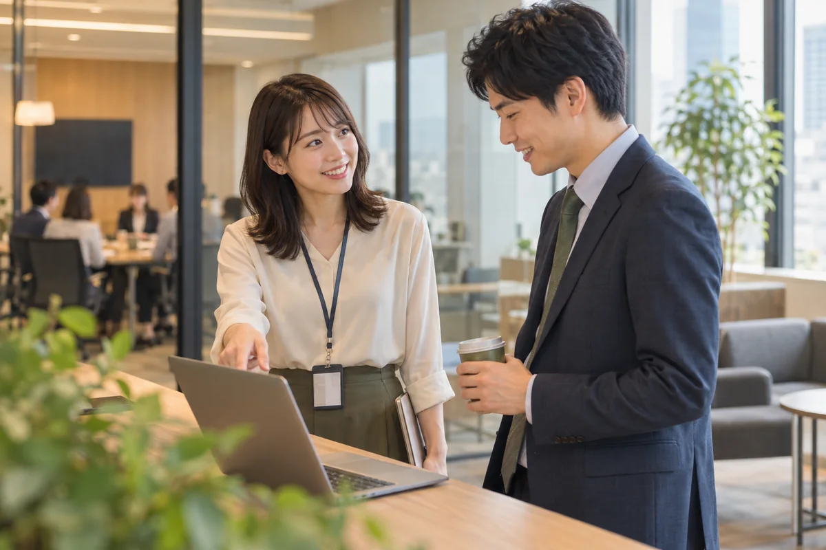 会議後に自分から会話を続ける職場の男女