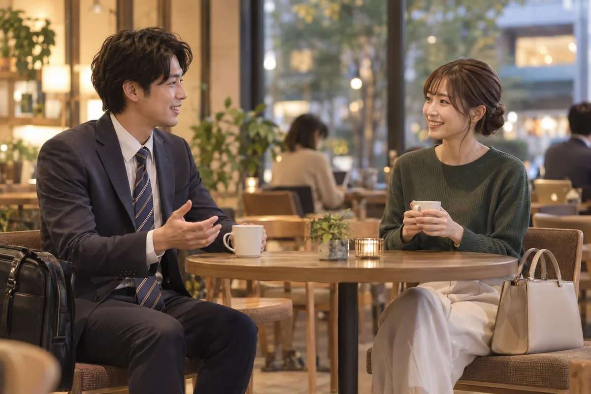 仕事帰りのカフェで互いの意思を尊重して話す男女