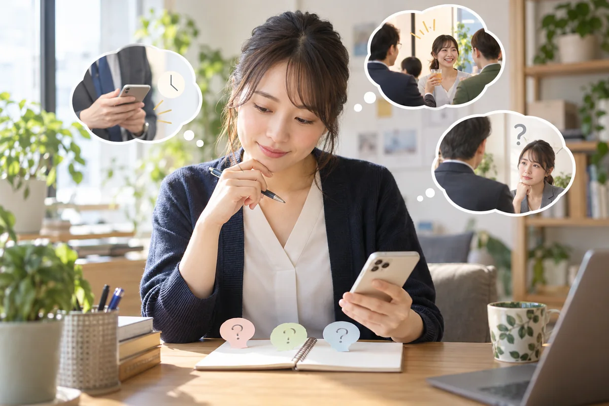 職場の相手からの連絡について疑問を整理する女性
