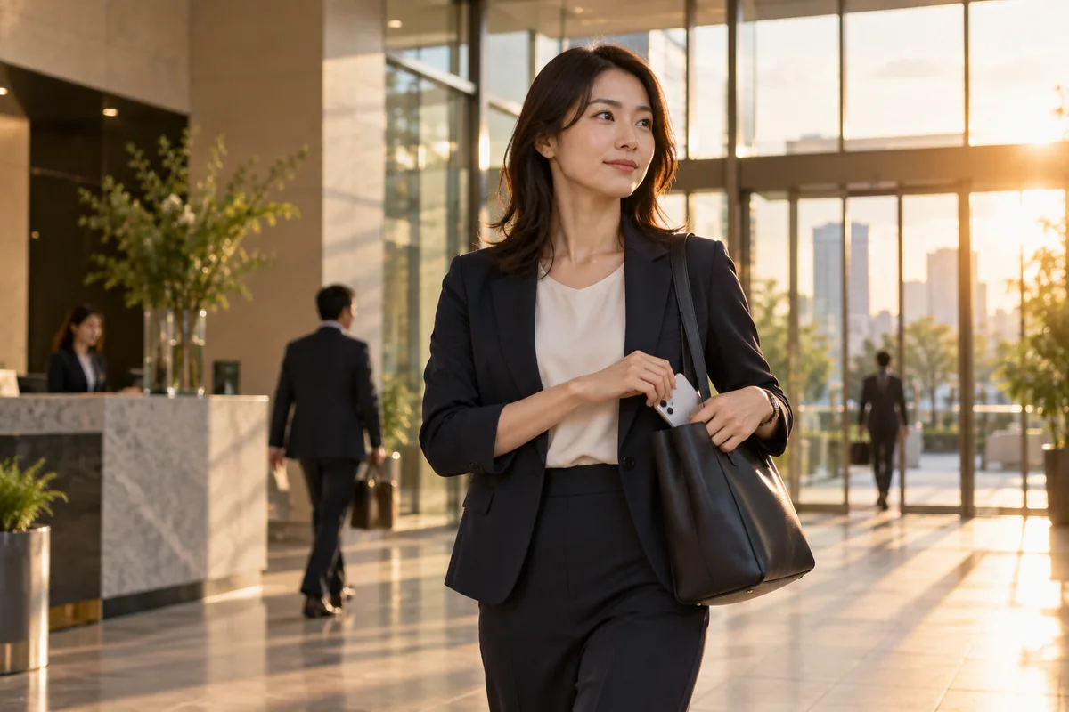 スマートフォンをしまい落ち着いて職場を後にする女性