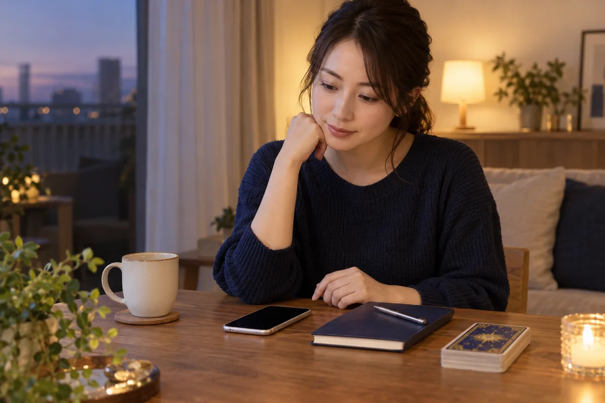 電話占いを検討しながらスマートフォンとノートを前に考える女性