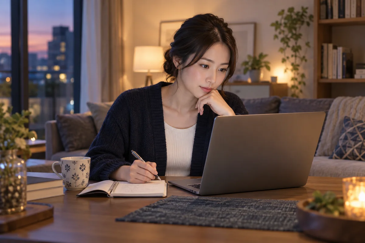 占い師のプロフィールと口コミを確認しながらメモを取る女性
