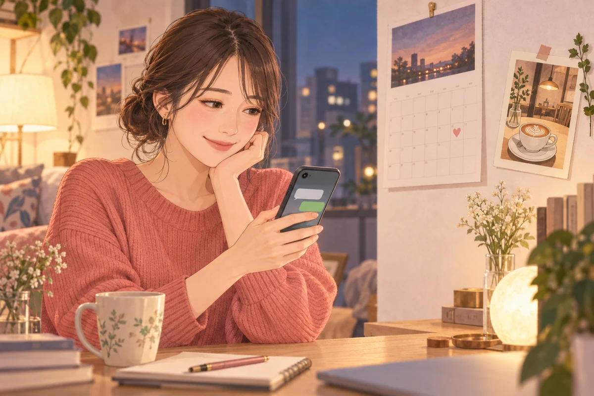 LINEでデートに誘う文面を考える女性とカレンダー