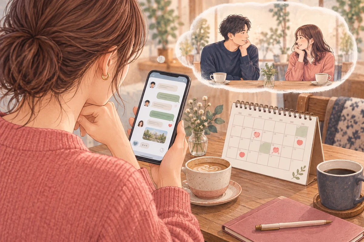 会話と関係性と予定を確認してデートの誘いを考える場面