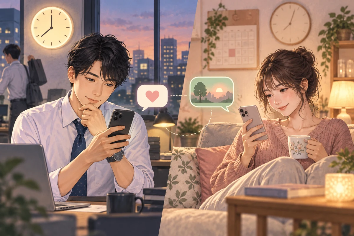 相手の生活時間を考えながらデートの誘いを送る男女