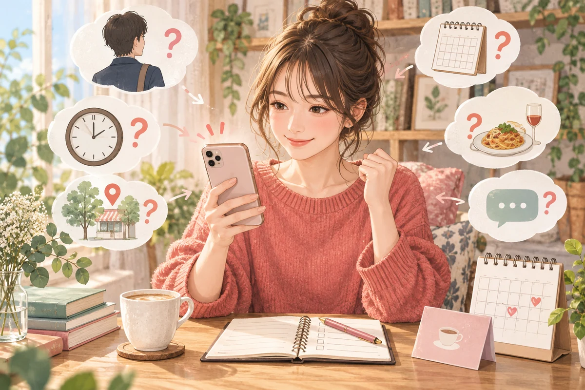 LINEでデートに誘う疑問を整理して送信準備をする女性