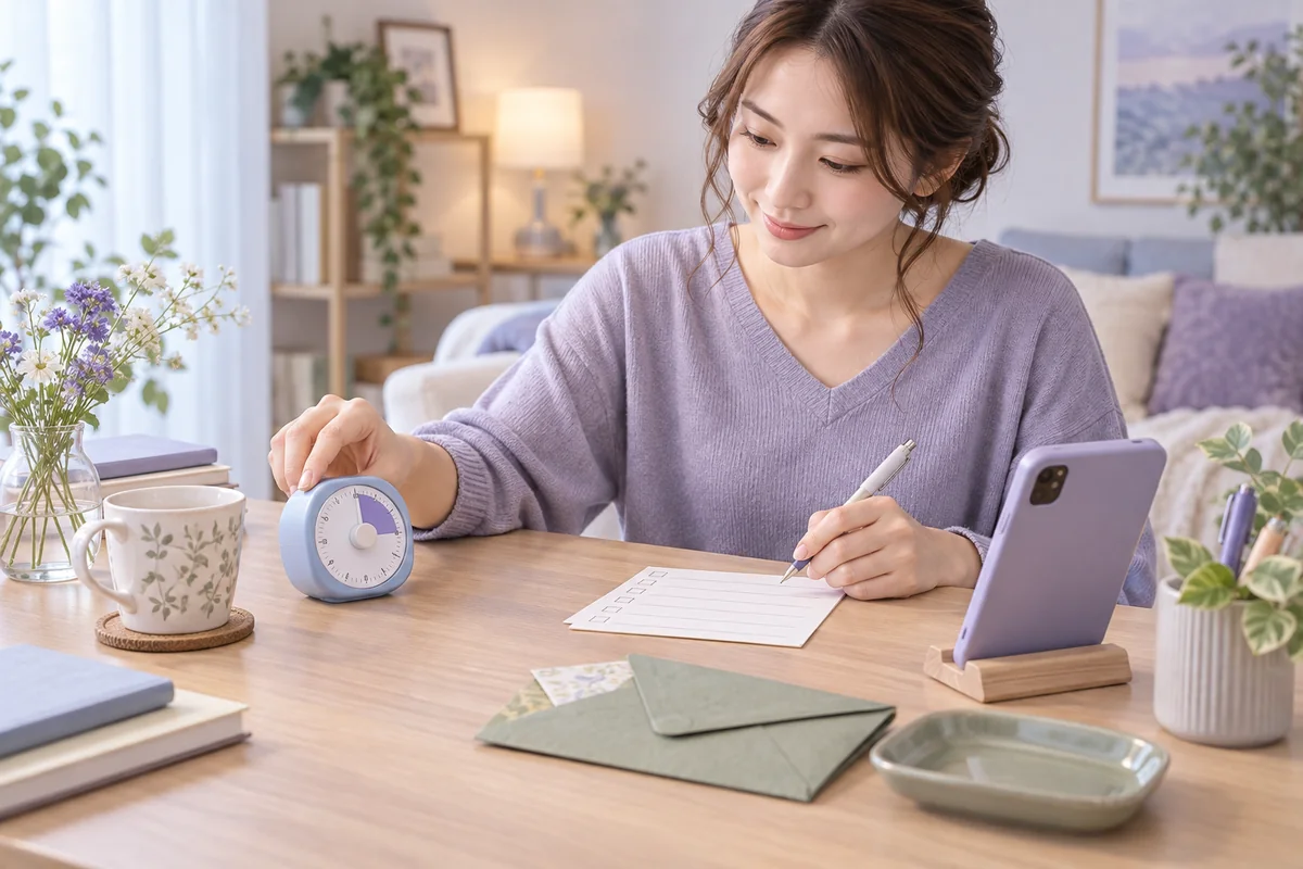 電話占いの前に質問と予算と終了時刻を決める女性