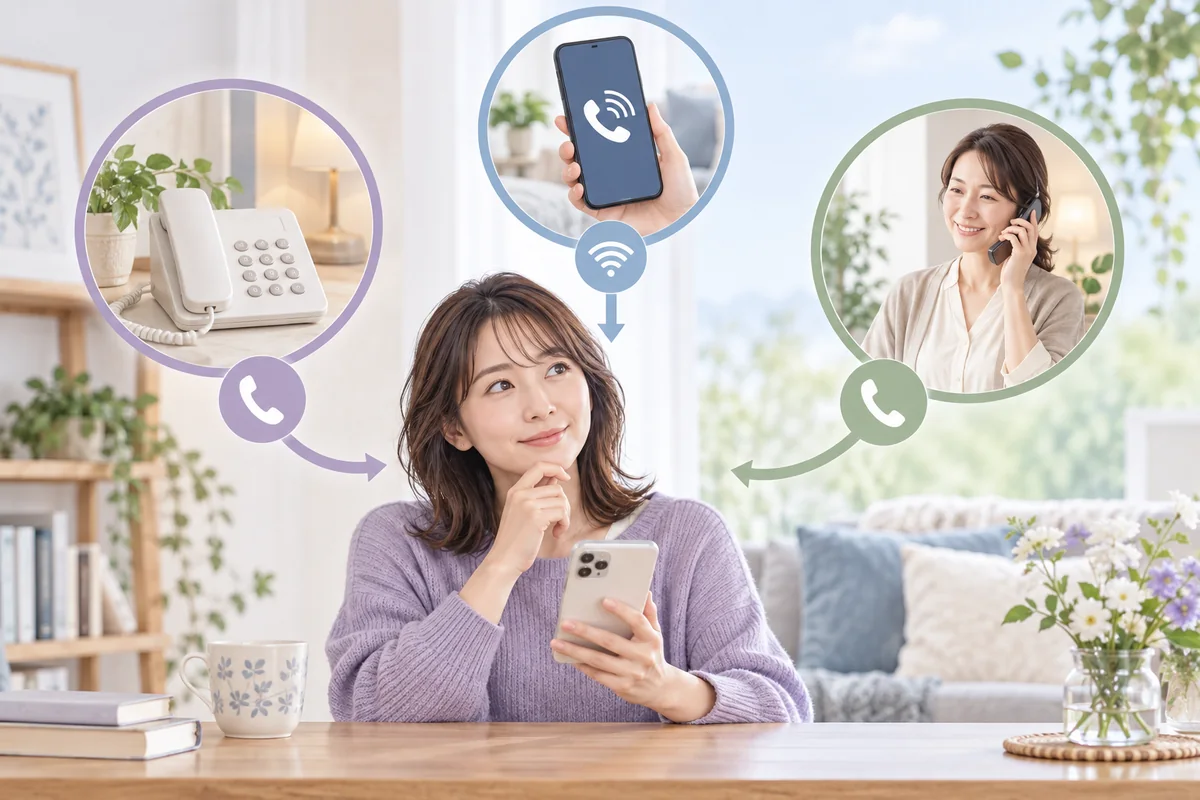 フリーダイヤルとアプリ通話と着信型の仕組みを比べる女性
