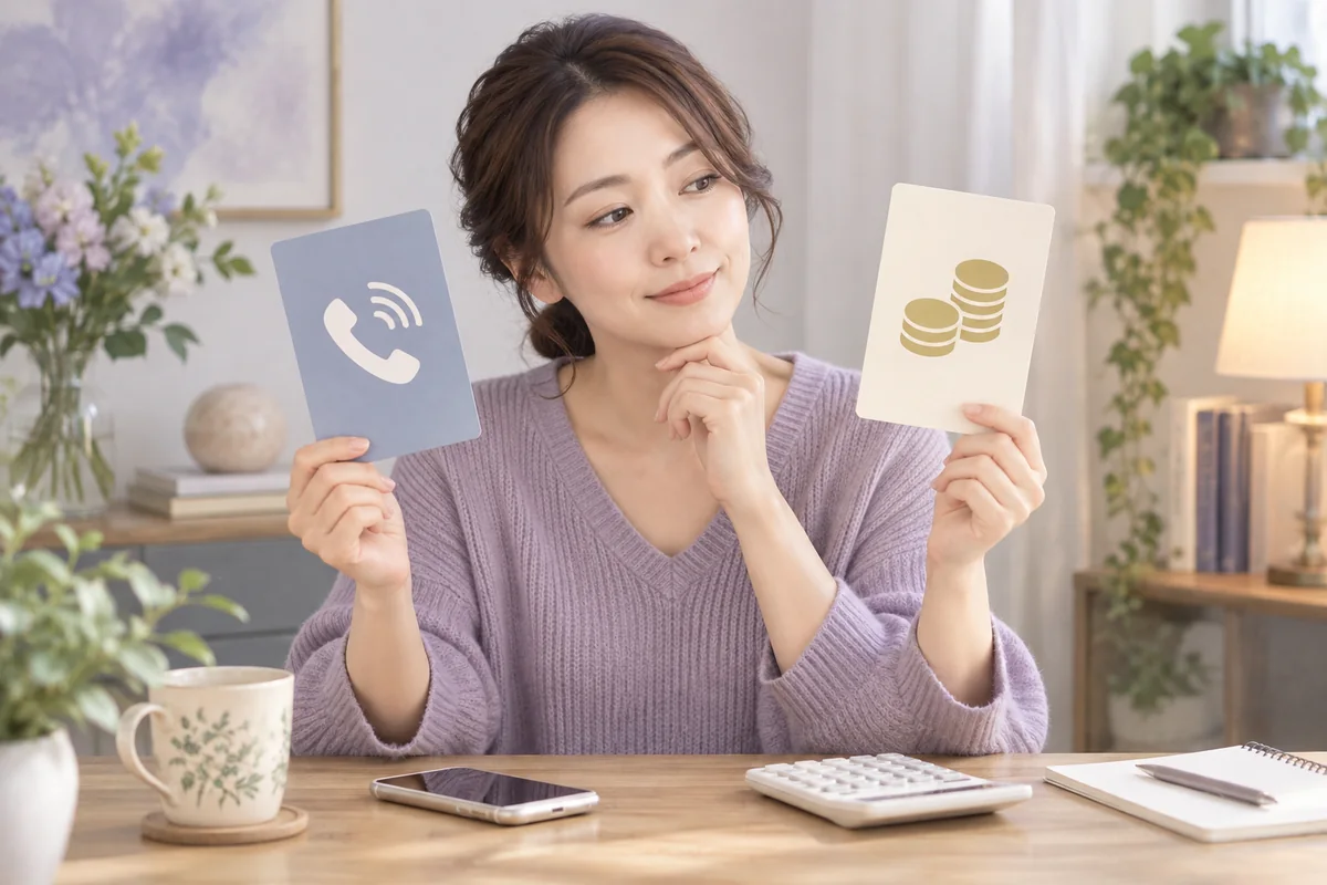 電話占いの通話料と鑑定料を分けて比較する女性