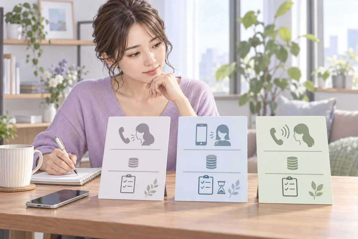 電話占い3サービスの通話方法と料金条件を比較する女性