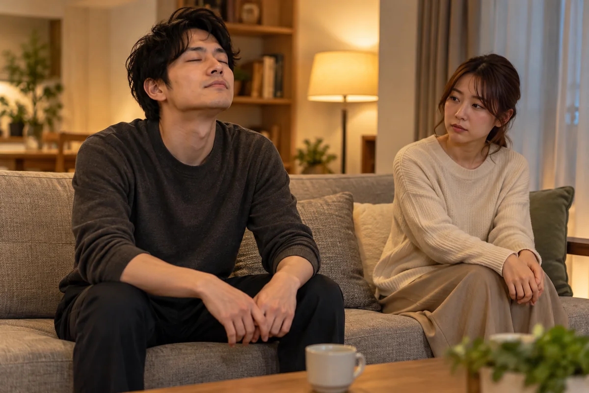 感情を落ち着けるため会話を一度止める男女
