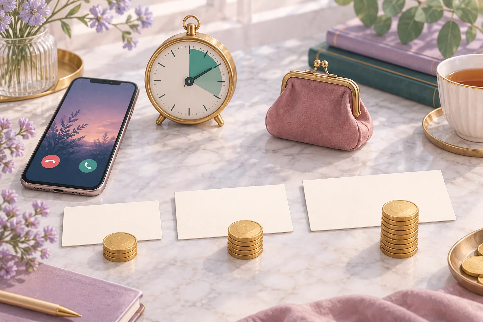スマートフォンと時計、財布で電話鑑定の予算を考えるイメージ