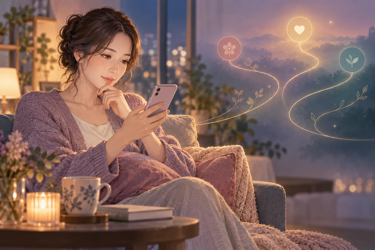 スマートフォンで電話占いへの相談を考える女性のイメージ