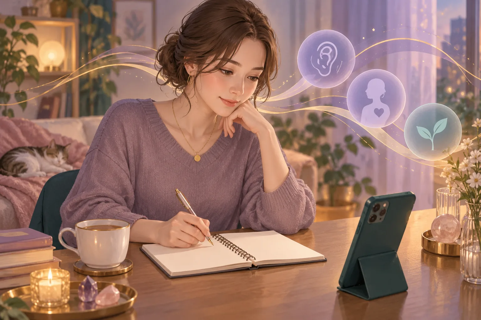 電話相談の前に質問をノートへ整理する女性のイメージ