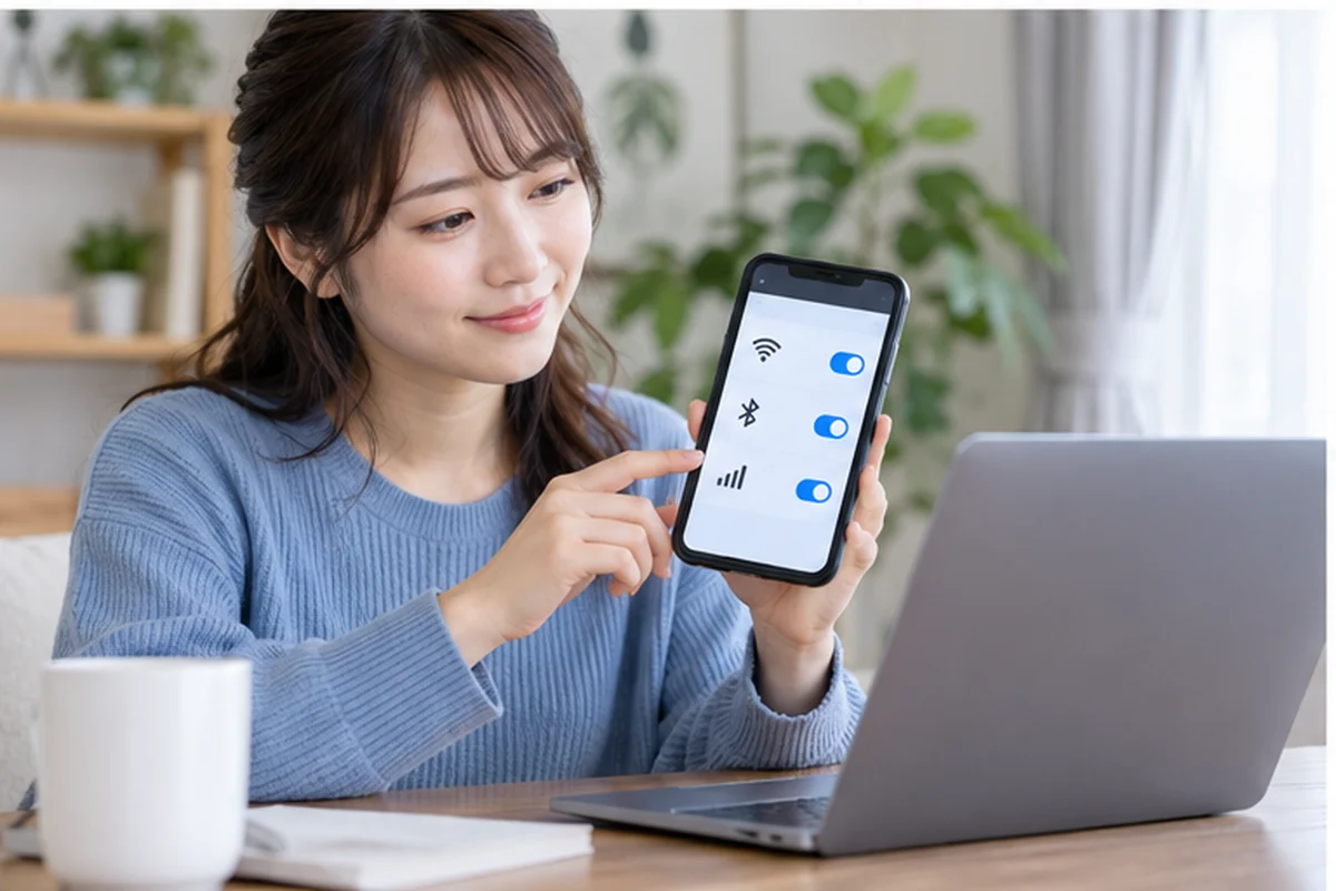 スマートフォンの通信とブラウザ設定を確認する女性