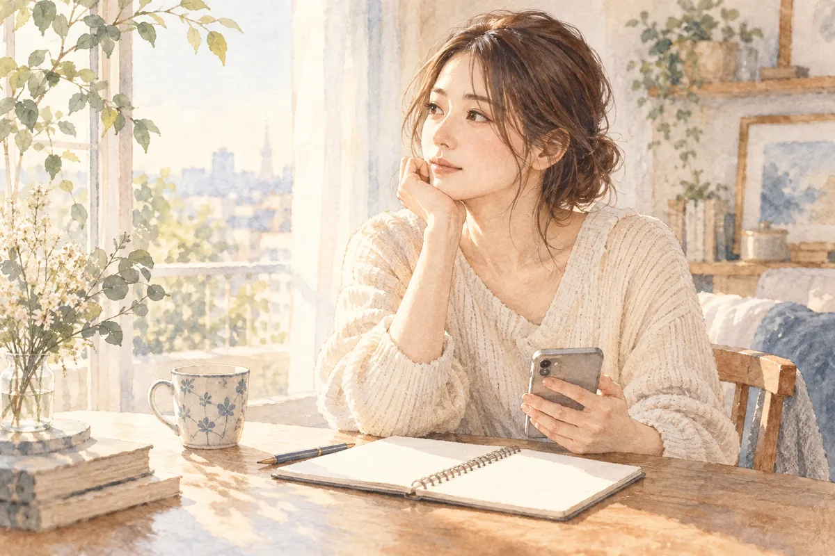 窓辺でノートを開き、元彼との関係を落ち着いて考える女性