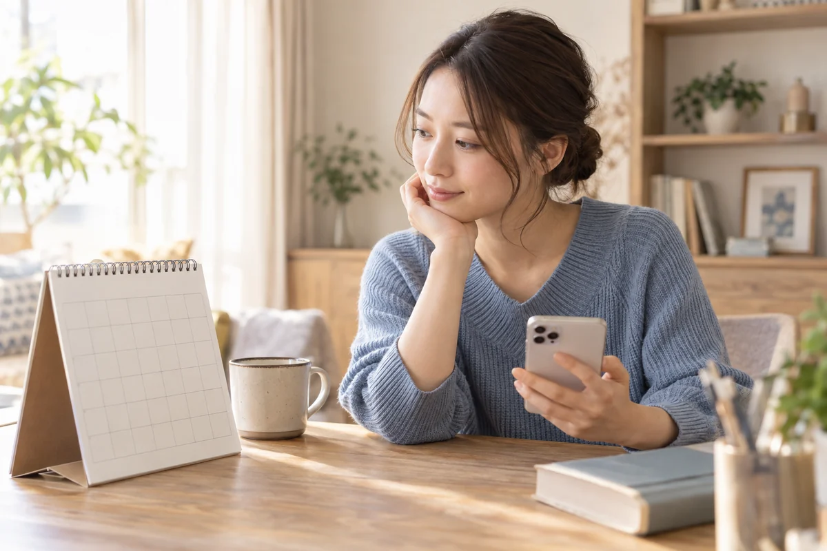 元カノへの連絡時期をカレンダーとスマートフォンで考える女性