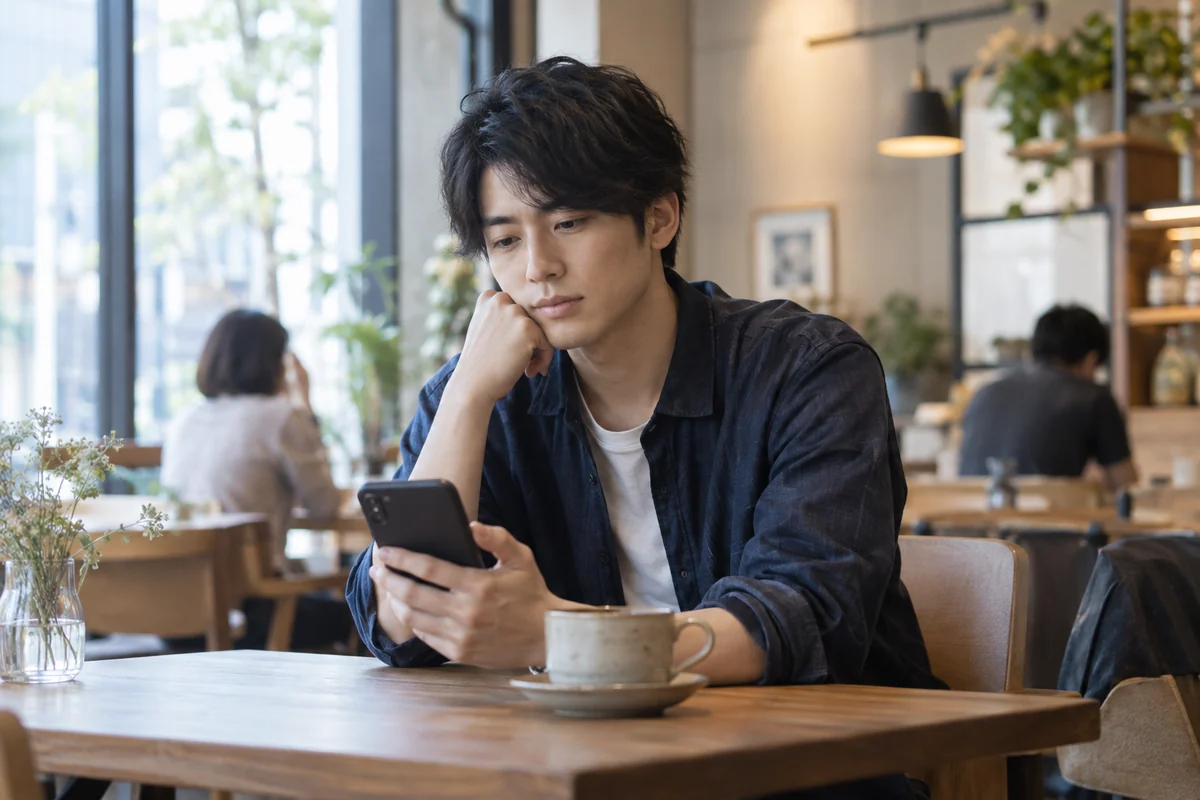 元恋人への連絡を考えながらスマートフォンを見る男性