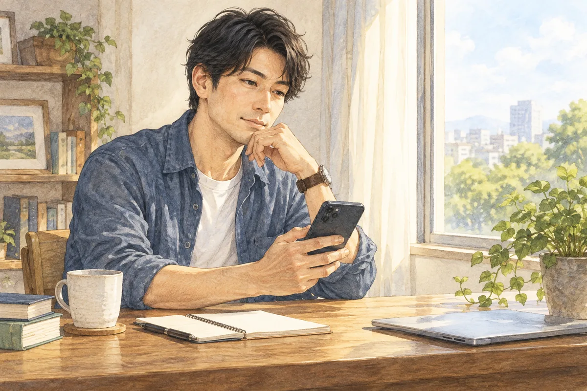 元カノへの最初の連絡を、窓辺で落ち着いて考える男性