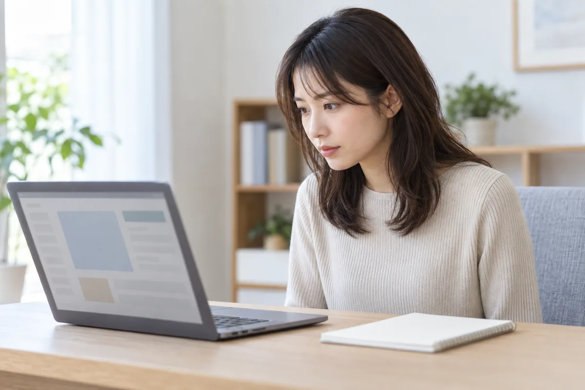 パソコンで古い口コミと現在の情報を照合する女性