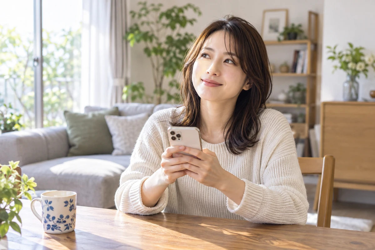 暖乃先生への相談を考えながらスマートフォンを持つ女性