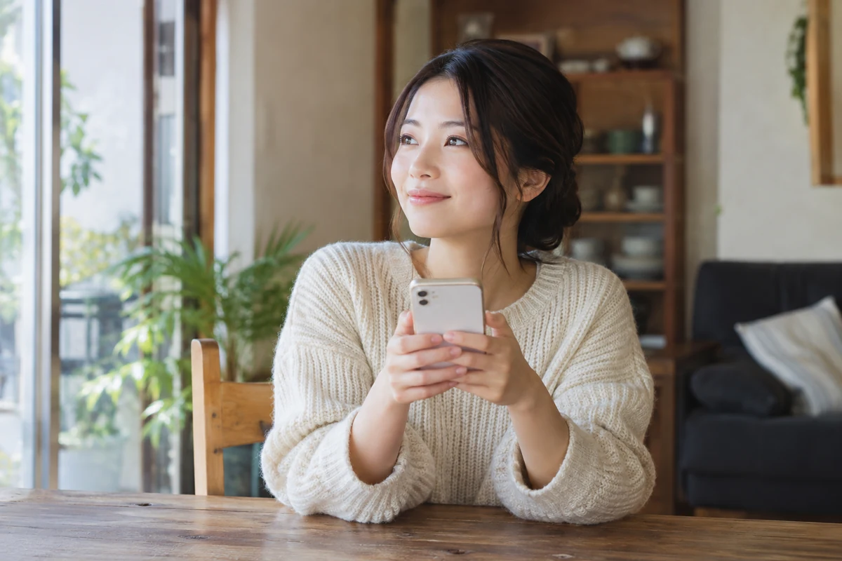 柚嬉先生への相談を考えながらスマートフォンを持つ女性