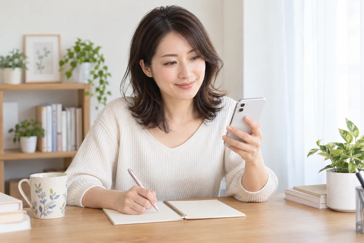 電話占いウィルの料金と安全性をスマートフォンで確認する女性